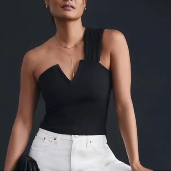 ANTHROPOLOGIE MAEVE STRUCTURED ASYMMETRICAL TOP SIZE L ONE SHOULDER BLACK NWT - Picture 2 of 12